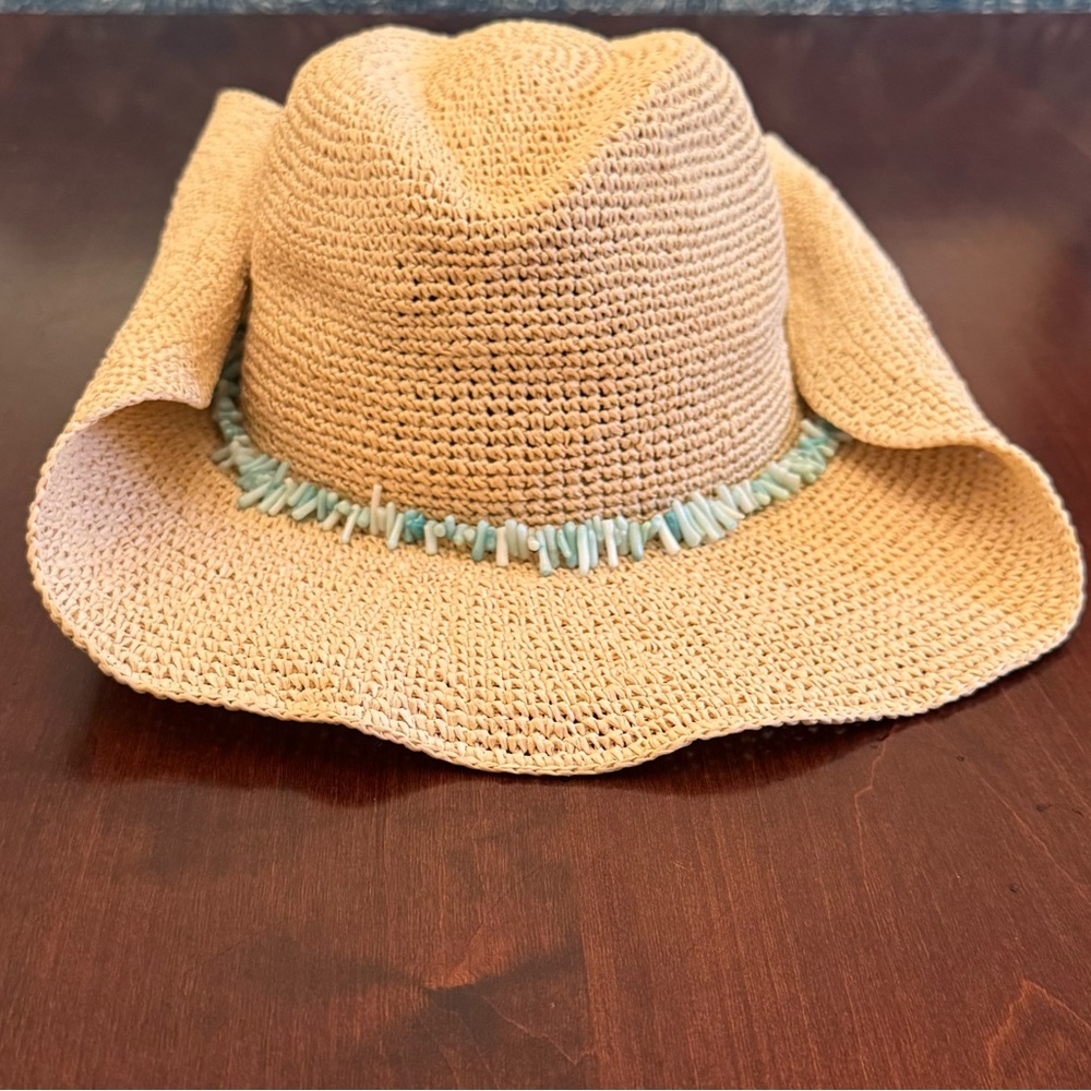 Hat Attack Straw Floppy Sun Hat with Light Blue Bead Trim
